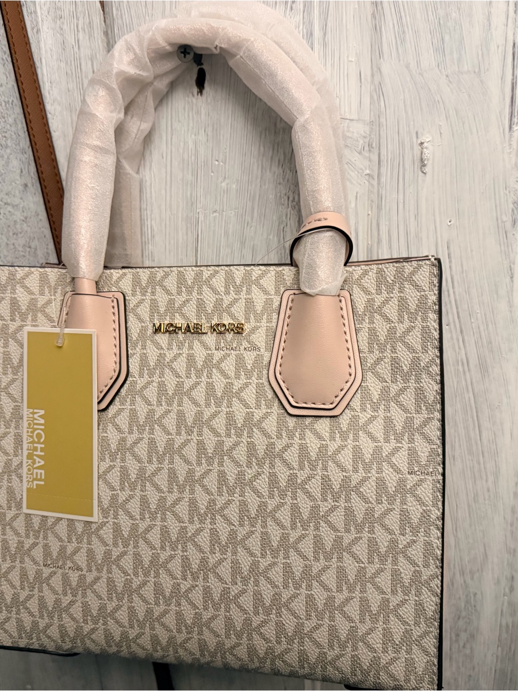 Michael Kors Beige Logo Satchel With Blush Trim